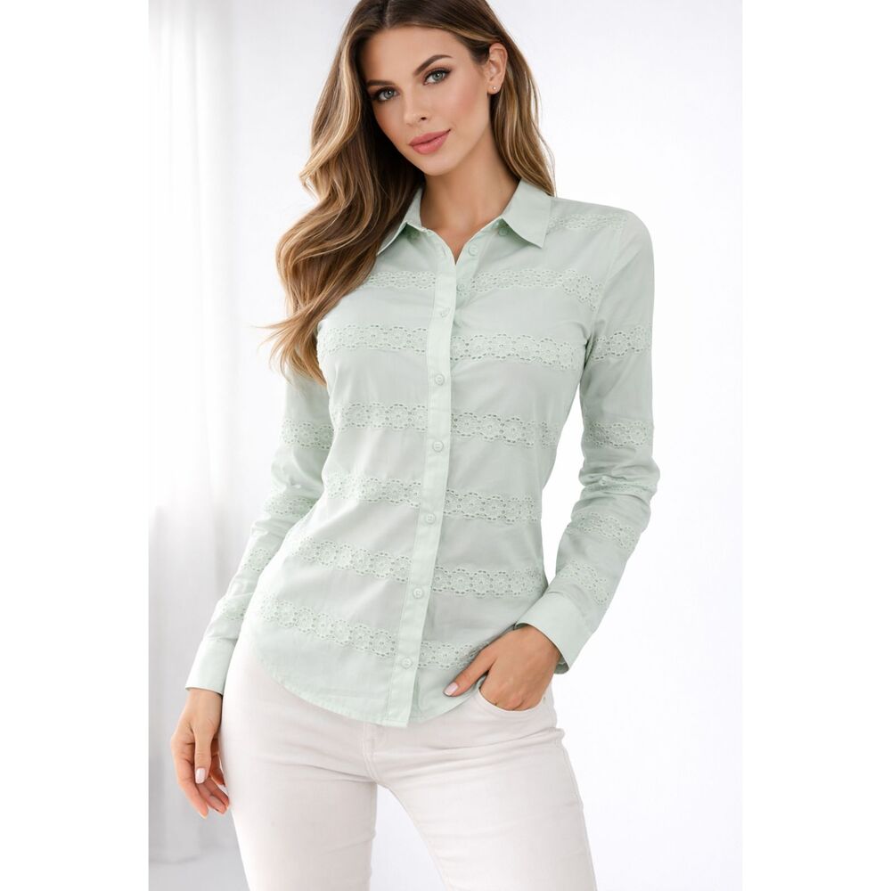 ANN TAYLOR GREEN MINT EMBROIDERED BUTTON DOWN SHIRT BLOUSE TOP SZE: 10 NWT